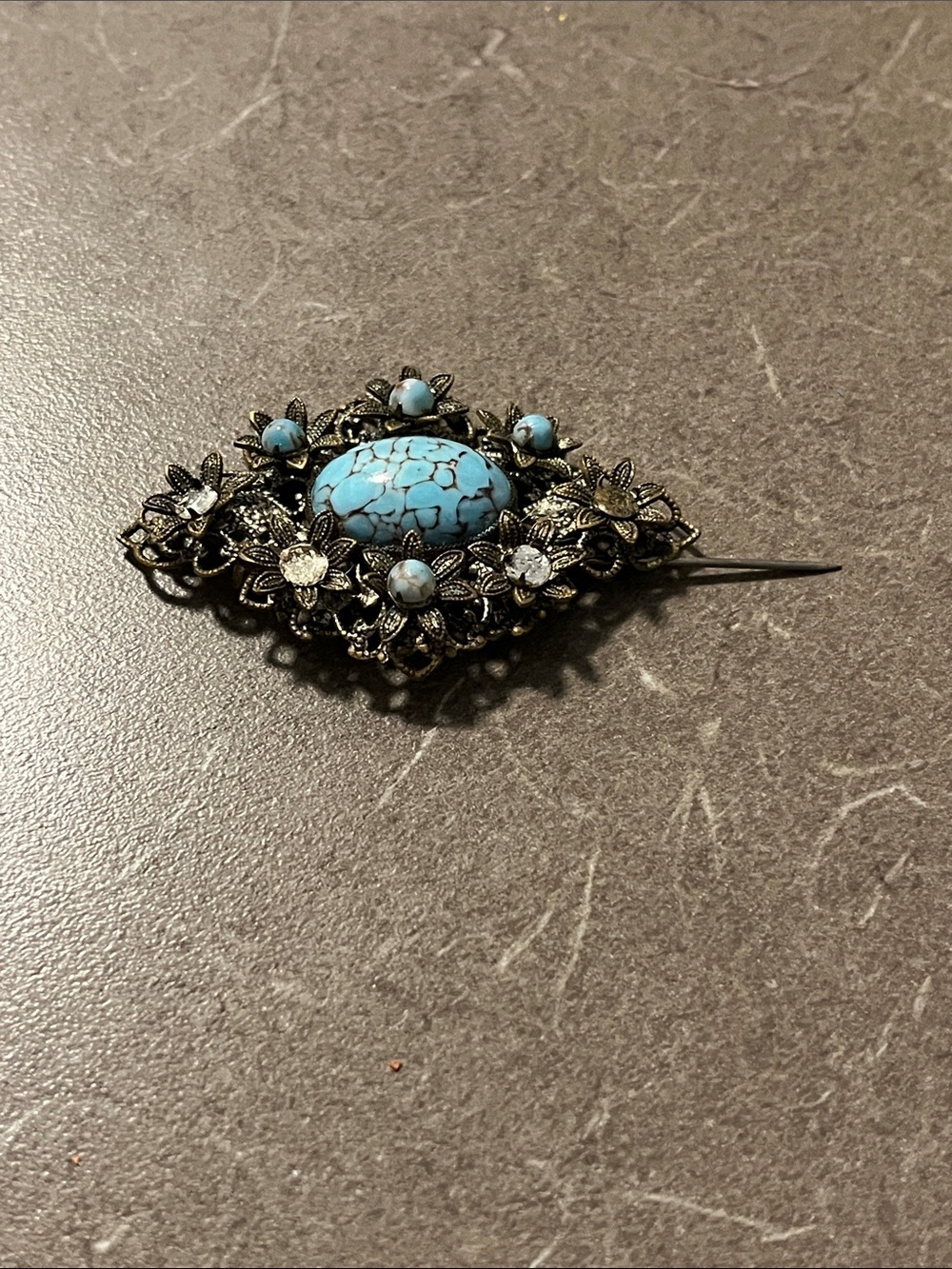 Vtg Turquoise Stone Floral Filigree Brooch - Missing stones As is